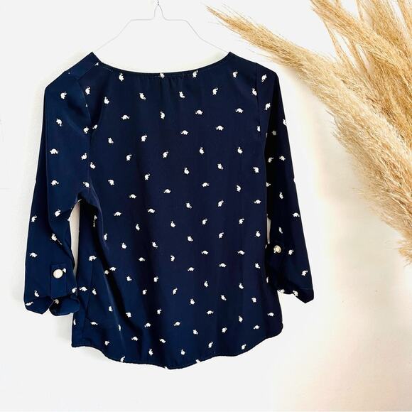 EVERLY Navy Blue White Elephant Print Button Tab Sleeve Silky Blouse Shirt Top M - Picture 7 of 10